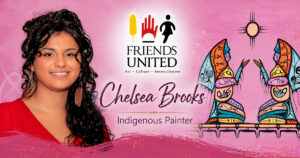 Chelsea Brooks beside one of her colourful paintings in a Friends United social image.