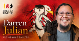 Social image for Darren Julian at Friends United, featuring a portrait of the artist and one of his Indigenous paintings.