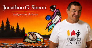 Social image for Jonathon G. Simon, Indigenous painter at Friends United, featuring the artist portrait, artwork, and Friends United logo.