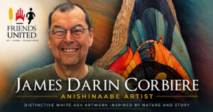 James Darin Corbiere with one of his colourful White Ash artworks, featured by Friends United.