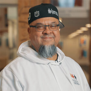 Portrait of Gerry Sheena, Interior Salish woodcarver and Friends United artist.