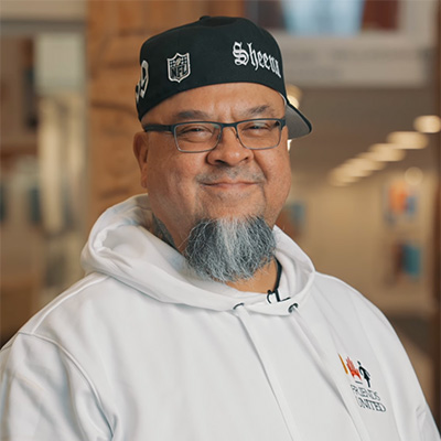 Portrait of Gerry Sheena, Interior Salish woodcarver and Friends United artist.