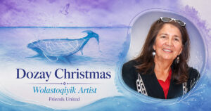 Social image featuring Wolastoqiyik artist Dozay Christmas alongside one of her blue and violet whale paintings.