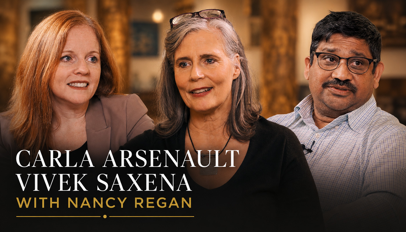 Carla Arsenault and Vivek Saxena speaking with Nancy Regan about education, art and reconciliation at Friends United
