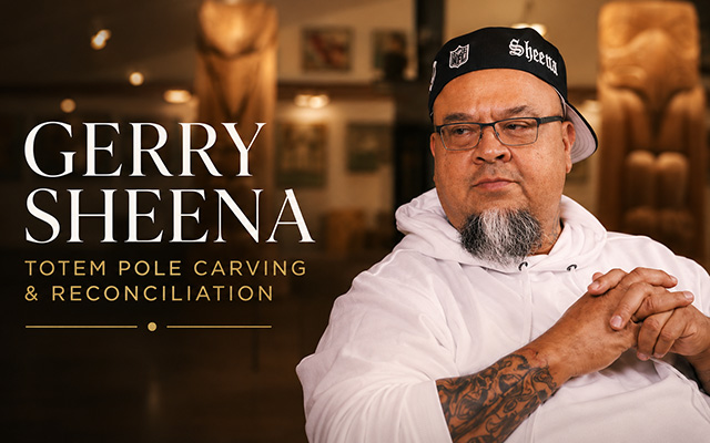 Gerry Sheena, Indigenous artist and carver, featured in a Friends United interview graphic about totem pole carving and reconciliation.