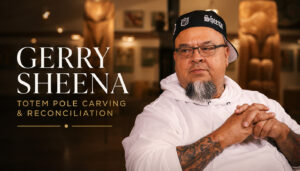 Gerry Sheena, Indigenous artist and carver, featured in a Friends United interview graphic about totem pole carving and reconciliation.