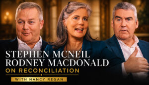 Stephen McNeil and Rodney MacDonald discussing reconciliation at Friends United