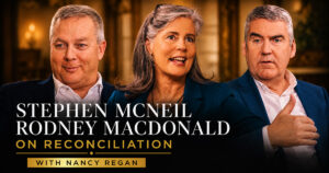 Stephen McNeil and Rodney MacDonald discussing reconciliation at Friends United
