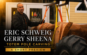 Eric Schweig with Gerry Sheena during a totem pole carving project at Friends United in Cape Breton, Nova Scotia