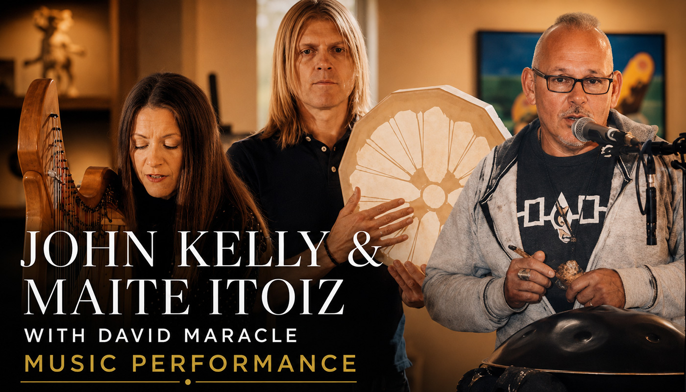 John Kelly, Maite Itoiz and David R. Maracle during a music performance at Friends United in Canada.