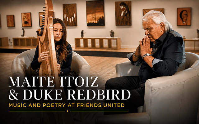 Maite Itoiz with harp and Duke Redbird at the Friends United Convention Centre in Cape Breton Island