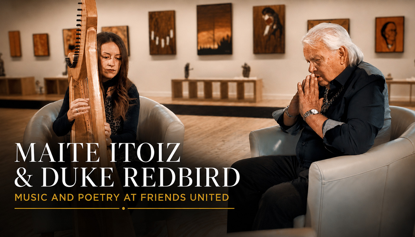 Maite Itoiz with harp and Duke Redbird at the Friends United Convention Centre in Cape Breton Island