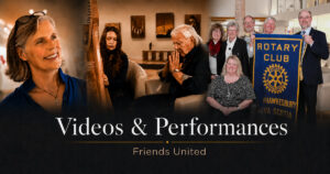 Social sharing image for Friends United Videos & Performances featuring Nancy Regan, Maite Itoiz, Duke Redbird and the Rotary Club banner