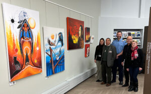 Hereditary Chief Stephen Augustine, Elena Paul, Rolf Bouman and others at the Indigenous art installation at the Canadian Coast Guard College