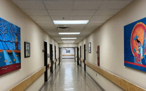 Indigenous artworks displayed along a hallway at St. Martha’s Regional Hospital in Antigonish, Nova Scotia